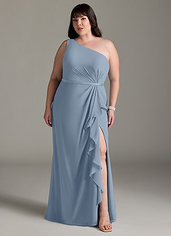 Azazie Liza Vestidos de damas de honor Vestido de Azul Polvoriento de Gasa de Corte Sirena con Hombro unilateral image6