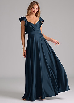 Azazie Leilani Vestidos de damas de honor Vestido Azul Marino Oscuro de Satén Elástico de Línea A con Drapeado image1
