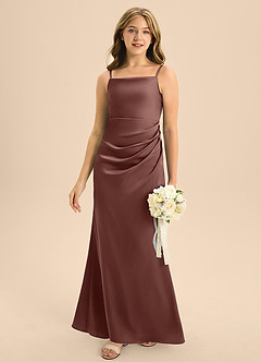 Azazie Renna Junior Espresso A-Line Pleated Stretch Satin Dress image5