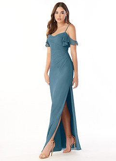 Azazie Emeralda Brautjungfernkleider Etui Schulterfrei Chiffon Kleid Bermudablau image1