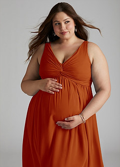 Azazie Yetta Maternity Bridesmaid Dresses A-Line V-Neck Gathered Chiffon Floor-Length Dress image8