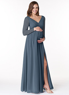 Azazie Teton Maternity Bridesmaid Dresses A-Line Long Sleeve Chiffon Floor-Length Dress image4