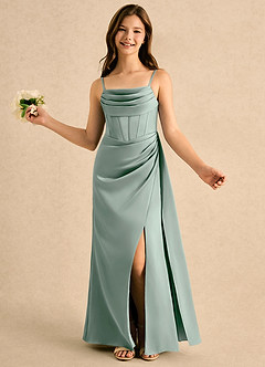 Azazie Lexy Girls Formal Robe Demoiselle D'honneur Fillette Robe Trapèze en Satin extensible Plissé Agave image4
