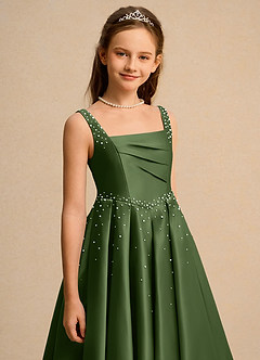 Azazie Mochi Girl Jurken voor bloemenmeisjes Baljurk Jurk van Mat Satijn Geplooid Olijf image7