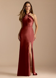 Azazie Tracie Bridesmaid Dresses Terracotta A-Line Pleated Metallic Satin Dress image1