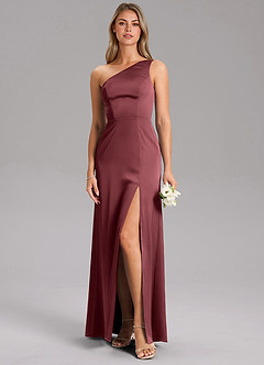Azazie Feby Robes de demoiselle d'honneur Robe Trapèze en Satin extensible Ue épaule Merlot image3