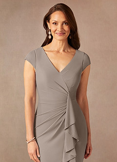 Azazie Renetta Mother of the Bride Dresses Taupe Sheath V-Neck Pleated Mesh Dress image6