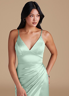 Azazie Shania Bridesmaid Dresses Agave Sheath Pleated Metallic Satin Dress image3