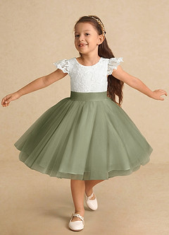Azazie Vetty vestidos de niña de las flores Vestido de Marfil Pistacho de Tul de Corte En A con Encaje image5