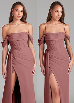 Azazie Amyra Bridesmaid Dresses Desert Rose Sheath Off the Shoulder Chiffon Convertible Dress image9
