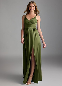 Azazie Chanel Bridesmaid Dresses Olive A-Line Pleated Stretch Satin Dress image1