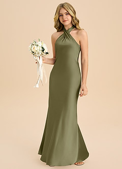 Azazie Chickie Junior Vestido de Pistacho de Satén Elástico de Corte Recto con Plisado image4