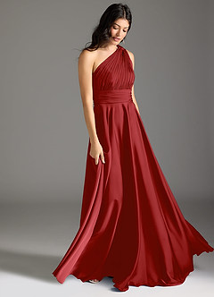 Azazie Charlize Bridesmaid Dresses Pomegranate A-Line One Shoulder Stretch Satin Dress image3
