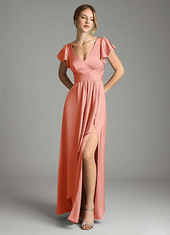 Azazie Omari Bridesmaid Dresses Coral A-Line Stretch Satin Dress image1