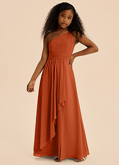 Azazie Skye Junior Robe Trapèze en Mousseline de soie Plissée Orange Brûlée image1