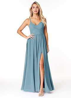 Azazie Dominic Bridesmaid Dresses Moody Blue A-Line V-Neck Pleated Chiffon Dress image1