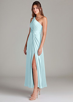 Azazie Brooke Robes de demoiselle d'honneur Robe Trapèze en Satin extensible Asymétrique Bleu Nuage image5