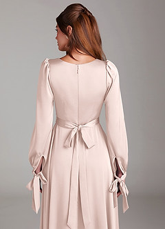 Azazie Leonia Bridesmaid Dresses Blushing Pink A-Line Long Sleeve Stretch Satin Dress image7