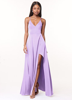 Azazie Maksim Bridesmaid Dresses Lilac A-Line V-Neck Stretch Satin Dress image1