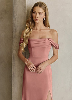Azazie Saige Bridesmaid Dresses Rosette Sheath Off the Shoulder Stretch Satin Dress image2