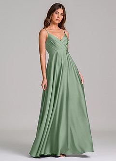 Azazie Amani At-home Try On Dresses Dusty Blue A-Line Pleated Stretch Satin Dress image1