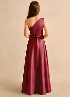 Azazie Puddles Girls Formal Flower Girl Dresses Pomegranate A-Line One Shoulder Matte Satin Dress image3