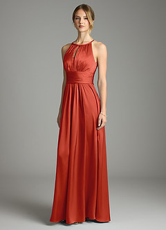 Azazie Bonnie Bridesmaid Dresses Rust A-Line Pleated Stretch Satin Dress image1