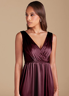 Azazie Tanicia Final Sale Cabernet A-Line Pleated Metallic Satin Dress image2