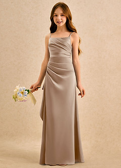 Azazie Cannoli Girls Formal Robe Demoiselle D'honneur Fillette Robe Trapèze en Satin extensible Plissée Taupe image4