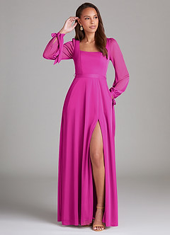 Azazie Leonia Bridesmaid Dresses Fuchsia A-Line Long Sleeve Mesh Dress image1