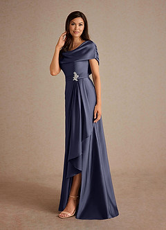 Azazie Branford Mère de la mariée Robes Robe Trapèze en Satin extensible Plissé Bleu Orageux image2