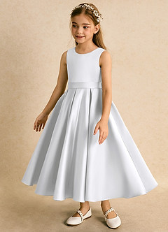 Azazie Junebuj Flower Girl Dresses White Ball-Gown Pleated Matte Satin Dress image3