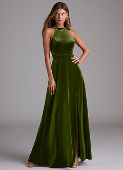 Azazie Clarice Bridesmaid Dresses Olive A-Line Side Slit Velvet Dress image1
