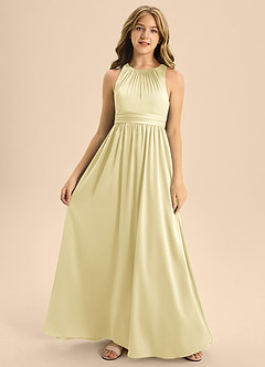 Azazie Jaylah Junior Lemon Sorbet A-Line Pleated Stretch Satin Dress image4