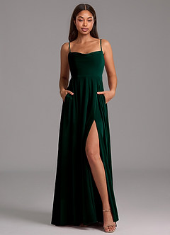 Azazie Elle Bridesmaid Dresses Emerald A-Line with Pockets Velvet Dress image1