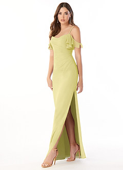 Azazie Emeralda Bridesmaid Dresses Lemon Sorbet Sheath Off the Shoulder Chiffon Dress image1