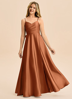 Azazie Rumi Junior Linia A Pofałdowany Satyna elastyczna Długość podłogi Młodsza druhna Sukienka image1