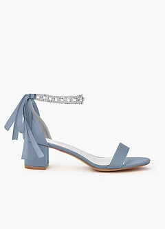 Matching Color Matte Satin Rhinestone Strap Block Heel Sandals