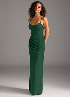 Azazie Mai Vestidos de damas de honor Vestido de Verde Oscuro de Malla de Corte Recto con Plisado image1