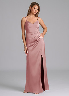 Azazie Leo Final Sale Dusty Rose Sheath Pleated Stretch Satin Dress image5