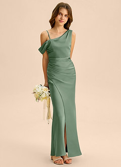 Azazie Madelyn Junior Osłona Zza ramienia Satyna elastyczna Długość podłogi Młodsza druhna Sukienka image4