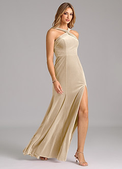 Azazie Rue Bridesmaid Dresses Champagne A-Line Pleated Velvet Dress image3
