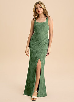 Azazie Mero Junior Eucalyptus Sheath Pleated Floral Burnout Dress image3