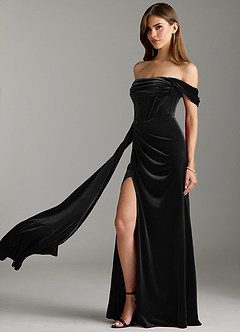Azazie Amyra Robes de demoiselle d'honneur Robe Fourreau Convertible en velours Épaule décolletée Noir image8