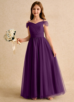 Azazie Yuna Girls Formal Abiti da Ragazza di Fiori Abito A-Line in Tulle Spalle Scoperte Uva image5