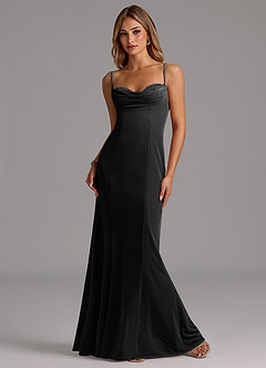 Azazie Karryn Vestidos de damas de honor Vestido de Negro de terciopelo de Corte Sirena con Corsé image4