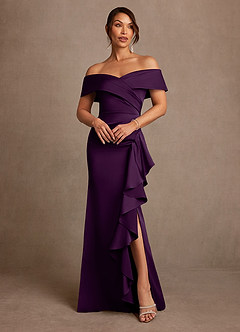 Azazie Kirsty Mother of the Bride Dresses Grape Sheath Off the Shoulder Stretch Satin Dress image1