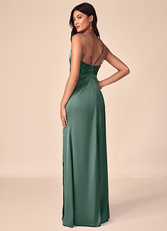 Azazie Aqua Bridesmaid Dresses Eucalyptus A-Line V-Neck Pleated Stretch Satin Dress image3