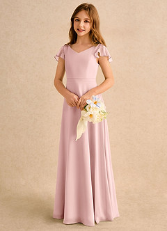 Azazie Nari Junior Formal Flower Girl Dresses Powder Pink A-Line with Sleeves Chiffon Dress image3
