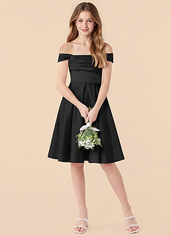 Azazie Amira Junior Black A-Line Pleated Stretch Satin Dress image3